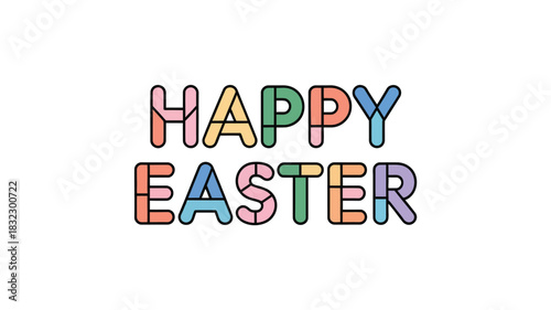 Happy easter text with pastel colored letters and black outline on white background