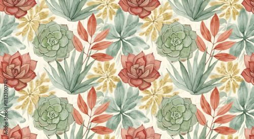 Elegant floral pattern with watercolor succulents and leaves, perfect for home decor designs, vibrant textiles, and creative botanical backgrounds