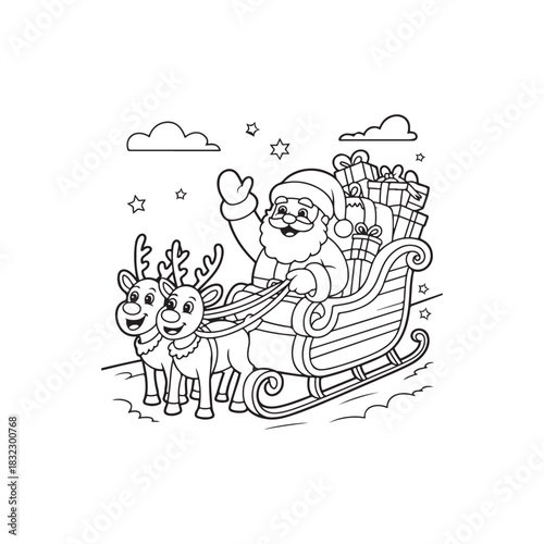 a charming black and white illustration of santa claus riding his reindeer pulled sleigh through the winter sky silhouette