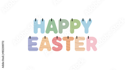 Colorful happy easter letters strung together with black clips on a white background