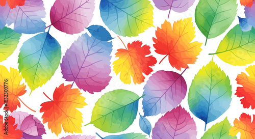 Vibrant rainbow leaves create a cheerful, colorful autumn pattern for backgrounds, textiles, and designs that celebrate nature's beauty and joyful color