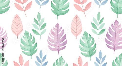 Lovely watercolor leaves pattern in delicate pastels makes a perfect background for spring designs, invitations, or textile prints with a fresh style.