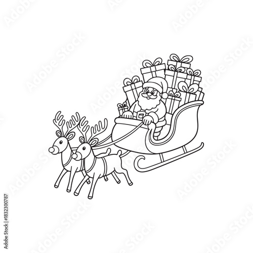 a festive illustration depicts santa claus riding his sleigh pulled by two reindeer loaded with gifts silhouette