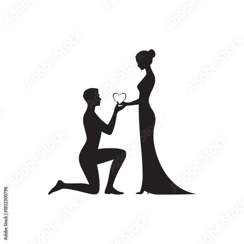 A romantic scene of a man proposing to a woman with a heart shaped gem beautifully rendered in silhouette