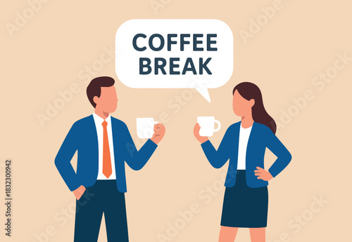 Coffee break, business discussion while having coffee or brainstorming after meeting break concept, businessman and businesswoman colleague take a break having coffee and have a chat