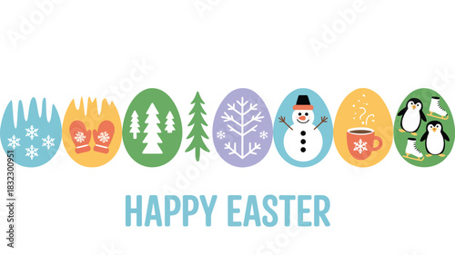 Whimsical winter easter egg collection featuring snowmen penguins hot cocoa and trees
