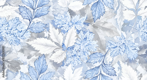 Elegant blue and white leaves create a serene watercolor pattern, perfect for sophisticated designs and artistic projects needing a delicate, natural feel.