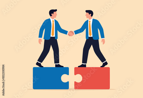 Collaborate, cooperate or partnership and agreement to help business success, together or teamwork support each other concept, success businessmen finish deal and handshake on jigsaw puzzle