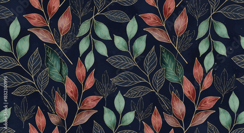 Elegant botanical pattern with gold outlines and watercolor leaves, perfect for sophisticated designs and adding a touch of nature-inspired luxury