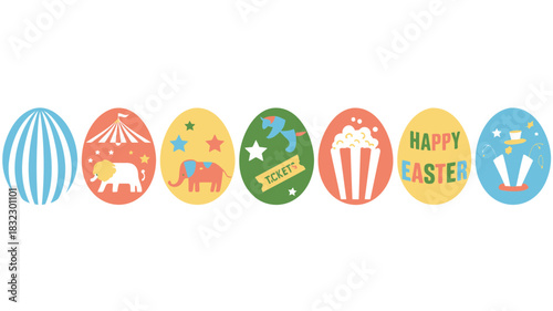 Happy easter greeting with circus themed decorated eggs and festive elements on a white background