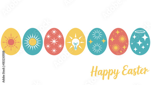 Happy easter greeting with colorful decorated eggs featuring suns stars light bulb and fireworks designs