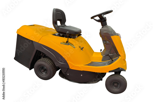 yellow garden lawn mower isolated on white background