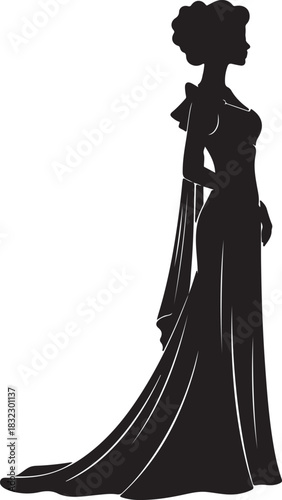 Silhouette of lady in long dress with bow and ribbon standing gracefully