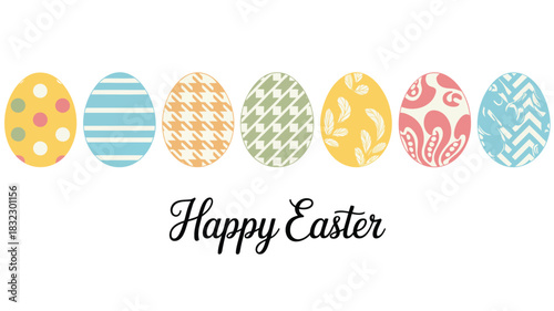 Row of decorative easter eggs with happy easter text on white background