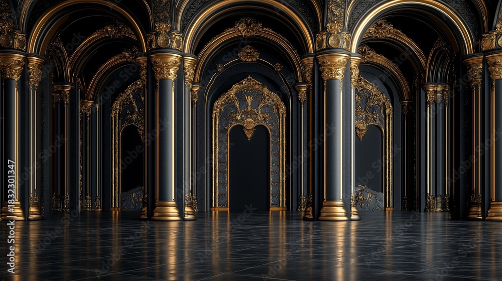 Fototapeta premium Elegant black palace hall with golden details and marble flooring