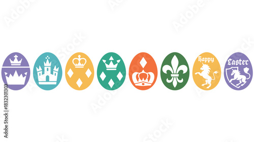 Collection of colorful easter eggs decorated with royal crowns castles fleur de lis and mythical creatures