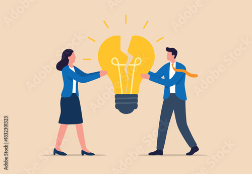 Combine idea, synergy or collaborate to get solution, brainstorm, teamwork or think together to develop great idea concept, businessman, businesswoman join or combine lightbulb idea for best result