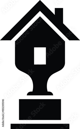 Stylized silhouette of a house shaped trophy on a pedestal representing real estate success