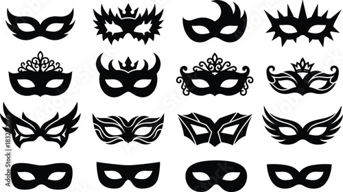 Collection of Sixteen Black Silhouette Masquerade Masks and Carnival Eye Coverings, Ideal for Mystery, Theatre, Venitian Style, and Party Decoration Graphics.