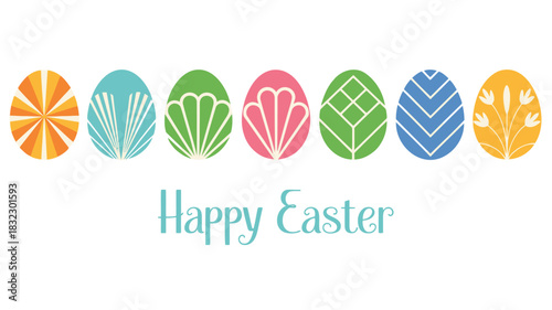 Happy easter greeting with a row of colorful decorative eggs featuring unique geometric and floral patterns