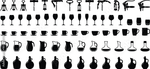 Mega Collection of Black Silhouette Barware, Corkscrews, Glasses, Cups, Pitchers, and Bottles, Ideal for Restaurant Menus, Beverage, and Drink Graphics.