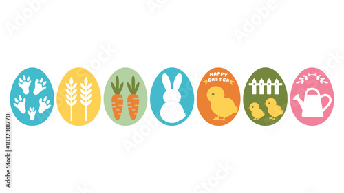Collection of colorful easter eggs with cute spring themed icons and symbols on a white background