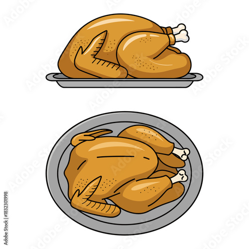 Vector Illustration Set of Roasted Christmas Turkey on Platter, Holiday Dinner Icon, Festive Family Meal Dish