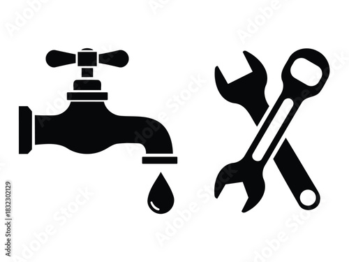 Black silhouette icon set. dripping water faucet and crossed wrench tools