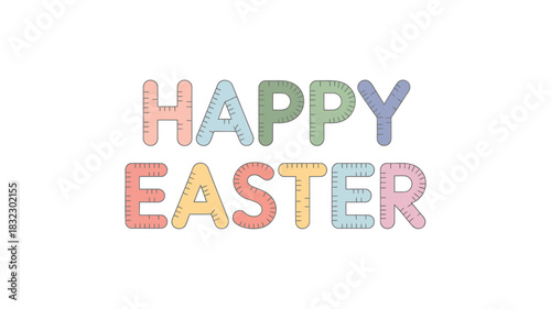Happy easter text with pastel colored letters and ruler markings on a white background