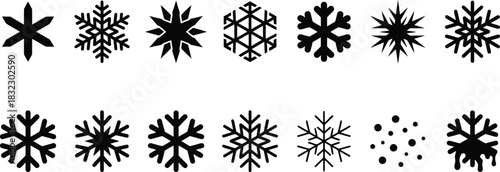 Snowflake and winter weather silhouette icon set. Christmas decoration and snow crystal symbols including geometric frost patterns and snowfall vector collection.