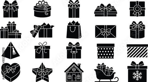 Christmas gift boxes and present silhouette icon set. Holiday surprise symbols including wrapped packages, shopping bags, ribbon bows, and birthday celebration vector collection.