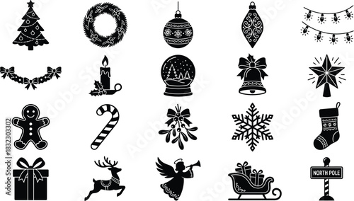 Christmas tree decorations and winter holiday ornament icons. Festive symbols including bauble, wreath, candle, stocking, mistletoe, and angel vector collection.