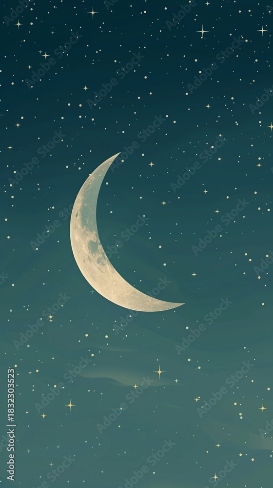 Fototapeta premium Minimal flat crescent moon with stars, soft pastel night sky, simple wallpaper.