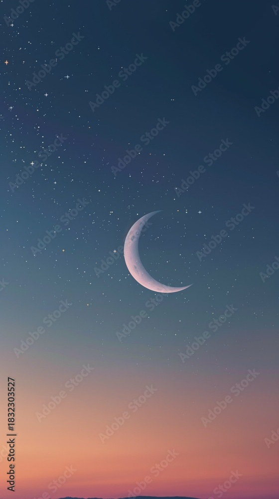 Fototapeta premium Minimal flat crescent moon with stars, soft pastel night sky, simple wallpaper.