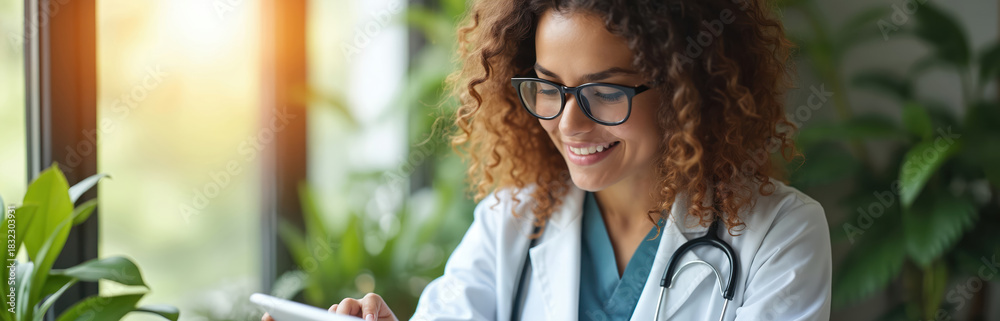 Fototapeta premium Female doctor in glasses smiles using tablet device in clinic. Professional health expert wearing white coat and stethoscope. She studies or reads information online