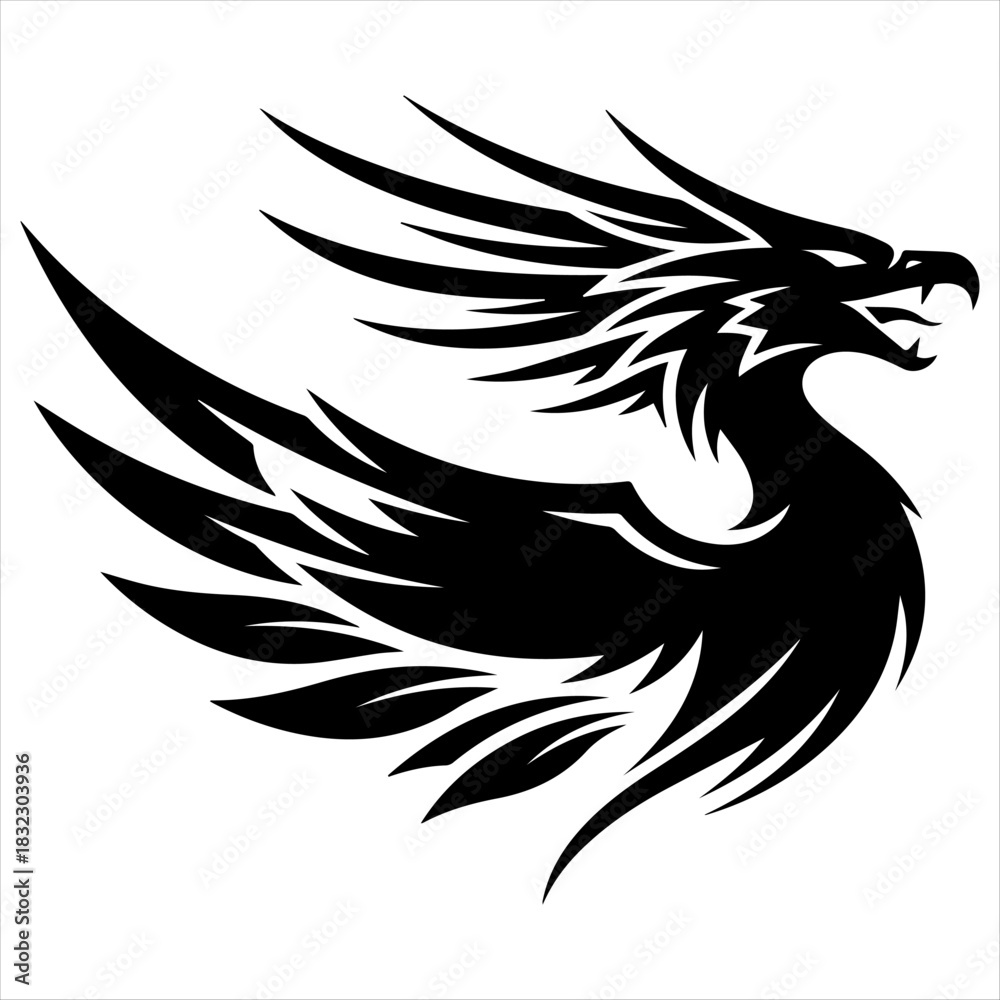 Fototapeta premium Stylized black dragon silhouette with sharp wings and mane. (60)