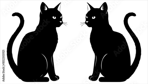 Two black cats silhouettes sitting facing each other on white background