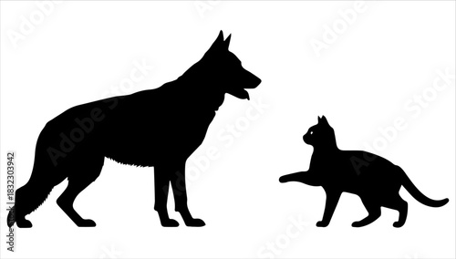 German shepherd dog and cat silhouette facing each other on white