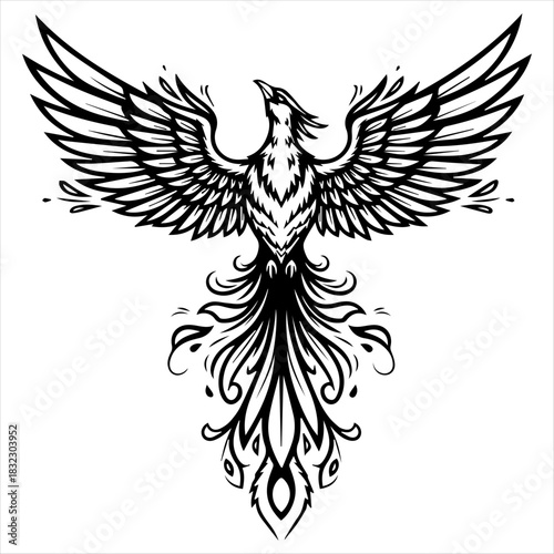 Stylized phoenix with outstretched wings and ornate tail feathers.
