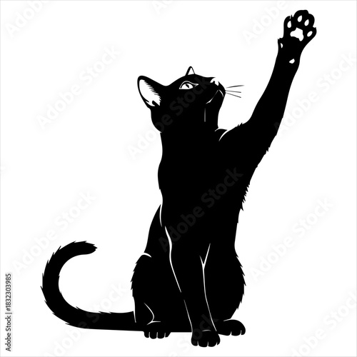 Black cat silhouette reaching up with paw, isolated on white background