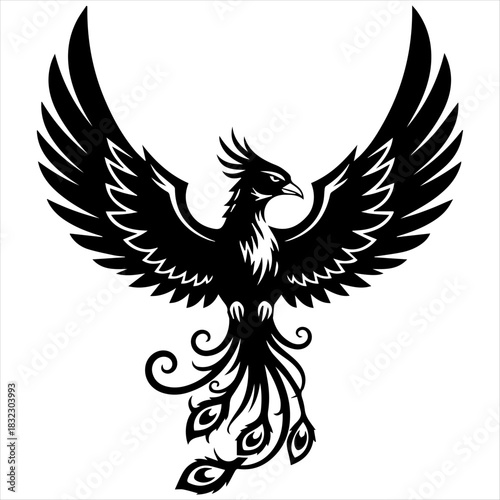Black phoenix with outstretched wings on a white background graphic