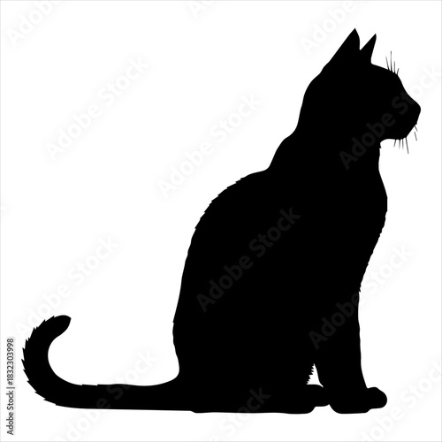 Silhouette of a sitting cat facing right, isolated on white