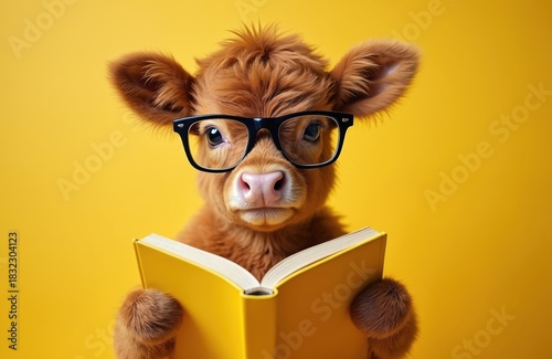 Cute calf with glasses reads book on yellow background. Brown cow wears black spectacles, holds opened book. Educational concept with adorable animal. Learning, knowledge, back to school theme.