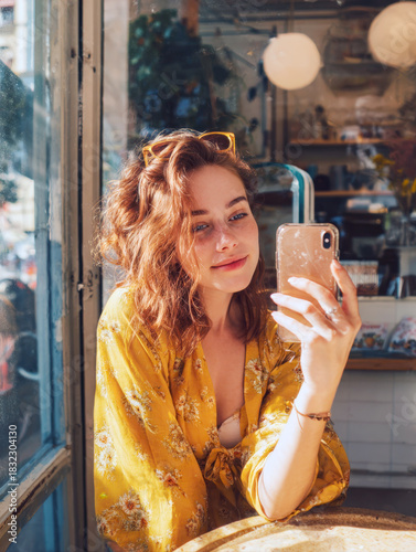 woman taking self-portrait on her smartphone inside cafe window, wearing yellow top and sunglasses, capturing casual, authentic moment reflecting trendy, contemporary, social media lifestyle