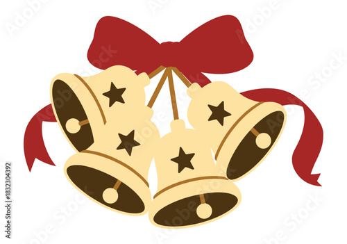 A cluster of festive bells adorned with stars and a red ribbon.