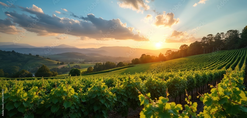 Fototapeta premium Green vineyard rows at sunset. Scenic vineyard landscape with mountains. Beautiful summer vine plantation view. Wine making farm agriculture concept. Natural wine region with horizon line. Rural