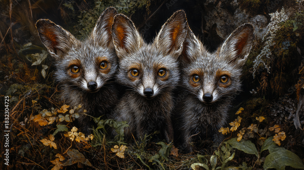 Obraz premium Three curious wild grey fox kits with captivating golden eyes emerge from dense, textured forest undergrowth, observing their surroundings with watchful gaze
