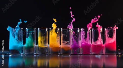 Colorful liquid splash photography in glass cups on black background studio shot