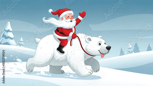 Santa Claus riding a polar bear through a snowy winter wonderland, greeting children, spreading Christmas joy, festive cheer, and holiday magic