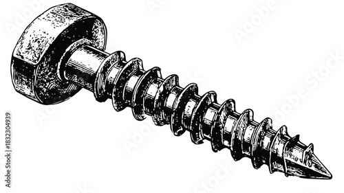 Detailed Black and White Screw Drawing with Enhanced Realism for Technical Visual Representation